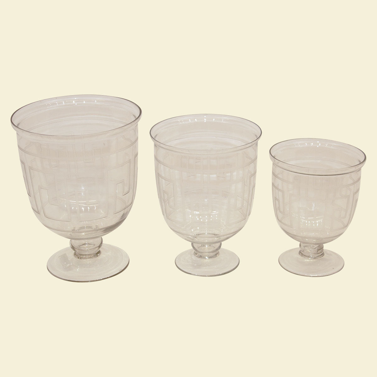 Glass Greek Key Hurricane Set of 3