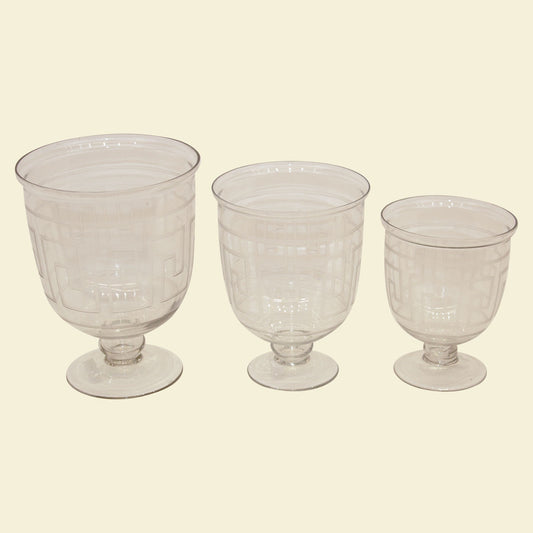 Glass Greek Key Hurricane Set of 3